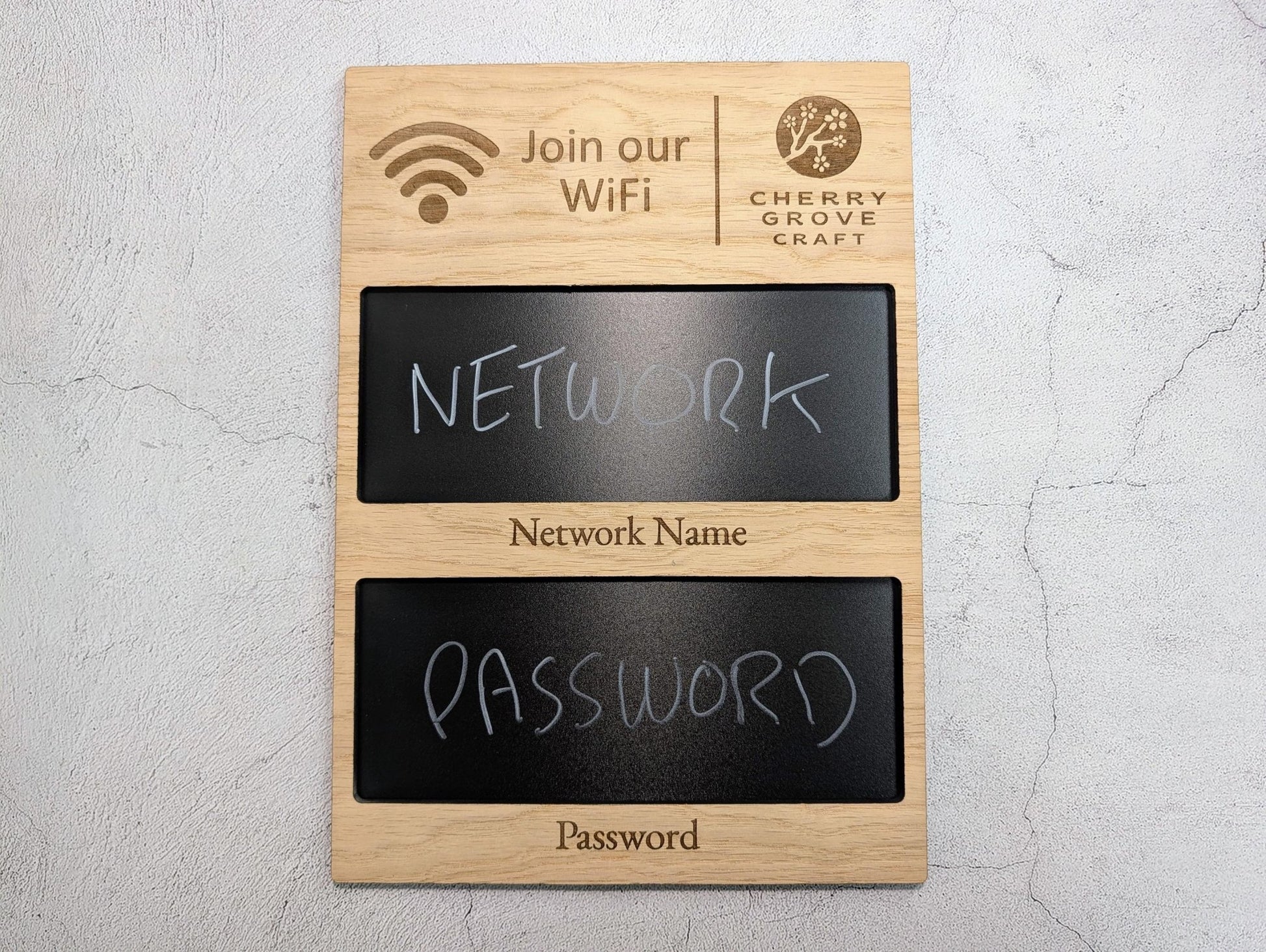 Oak Veneer WiFi Blackboard Sign Custom A4 | Personalised Logo Reusable Network Name, Password | Wooden Guest WiFi Display Chalkboard - CherryGroveCraft
