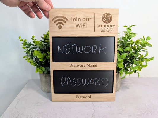 Oak Veneer WiFi Blackboard Sign Custom A4 | Personalised Logo Reusable Network Name, Password | Wooden Guest WiFi Display Chalkboard - CherryGroveCraft