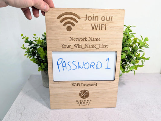 Oak Veneer WiFi Password A4 Portrait Sign | Engraved Logo and Password Display - CherryGroveCraft