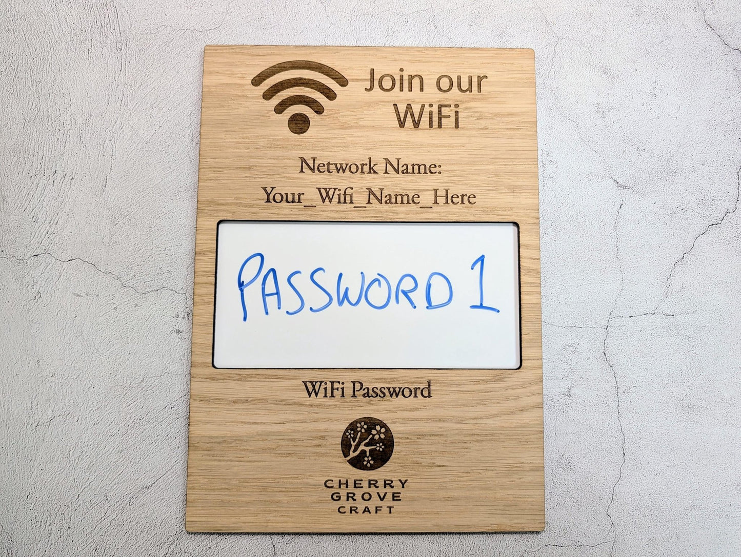 Oak Veneer WiFi Password A4 Portrait Sign | Engraved Logo and Password Display - CherryGroveCraft