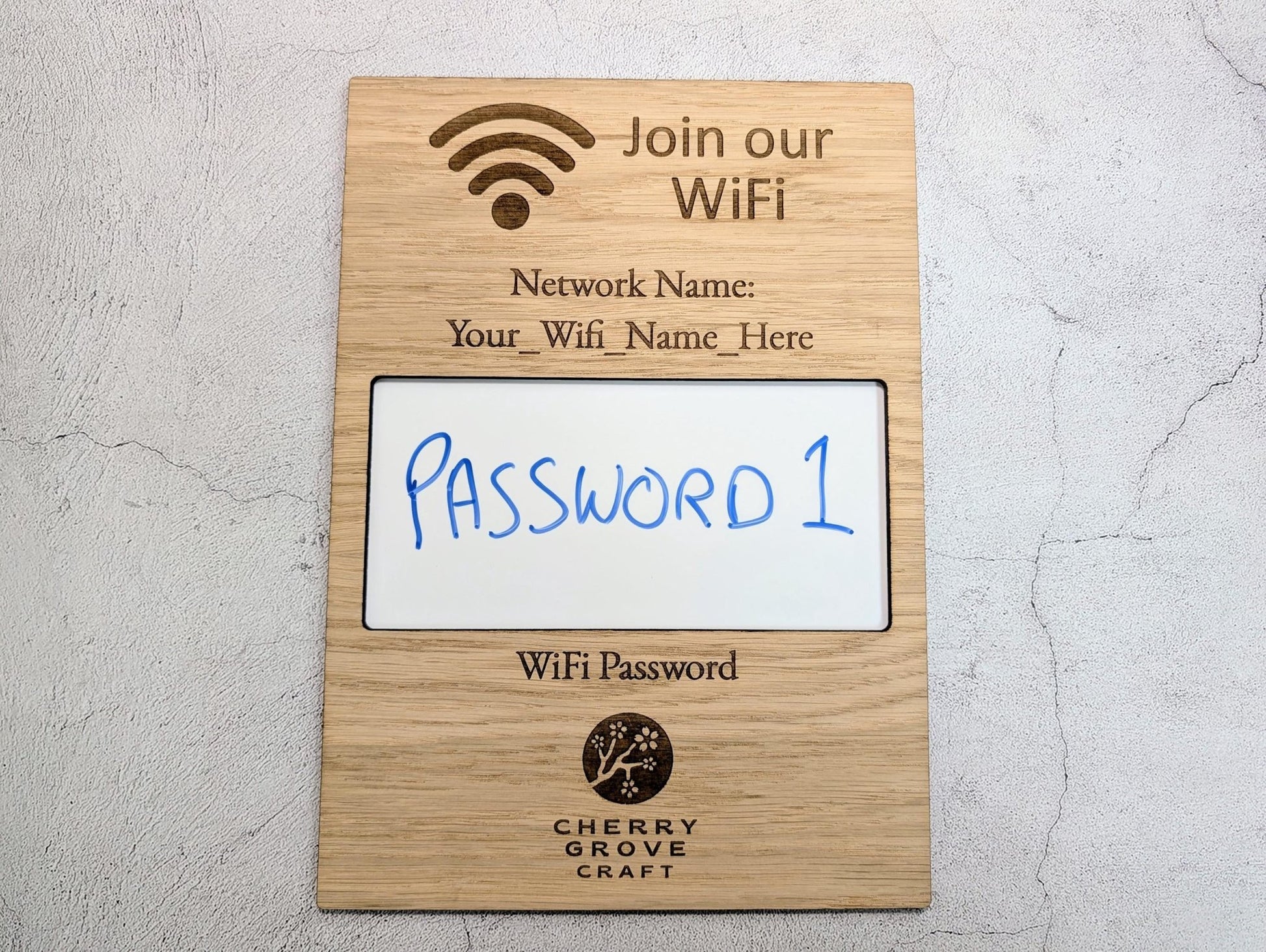 Oak Veneer WiFi Password A4 Portrait Sign | Engraved Logo and Password Display - CherryGroveCraft