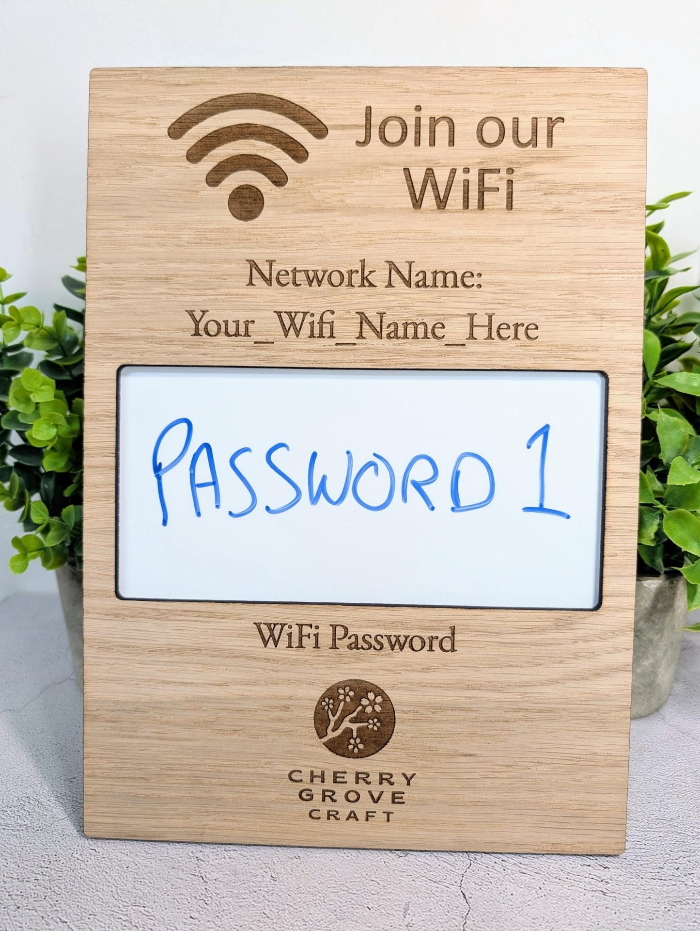 Oak Veneer WiFi Password A4 Portrait Sign | Engraved Logo and Password Display - CherryGroveCraft