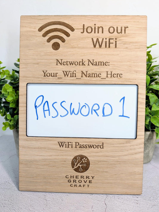 Oak Veneer WiFi Password A4 Portrait Sign | Engraved Logo and Password Display - CherryGroveCraft