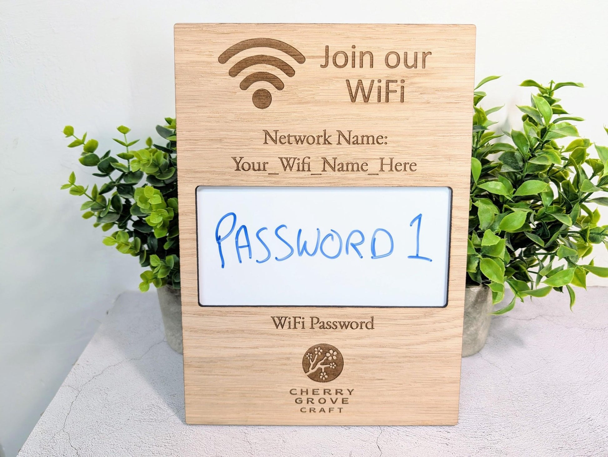 Oak Veneer WiFi Password A4 Portrait Sign | Engraved Logo and Password Display - CherryGroveCraft