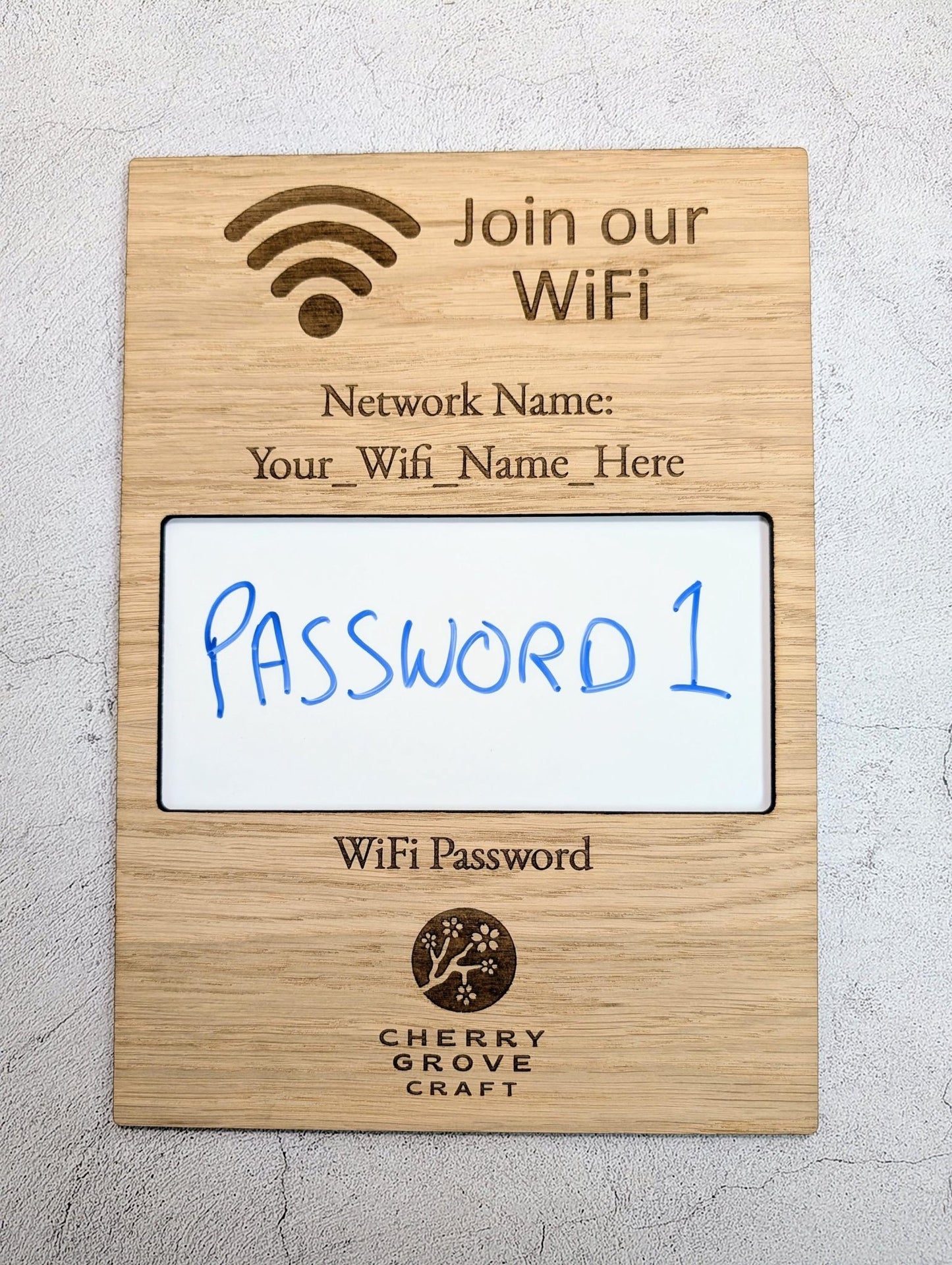 Oak Veneer WiFi Password A4 Portrait Sign | Engraved Logo and Password Display - CherryGroveCraft