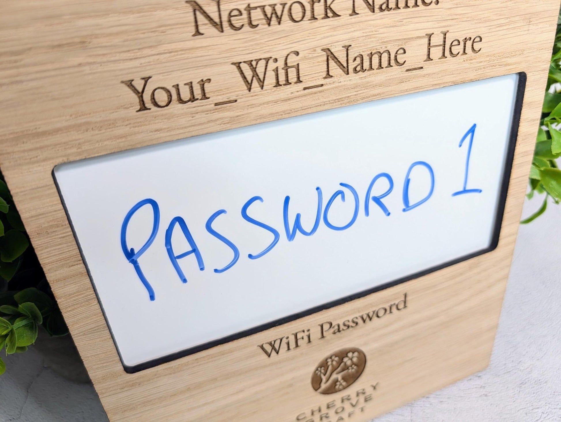 Oak Veneer WiFi Password A4 Portrait Sign | Engraved Logo and Password Display - CherryGroveCraft