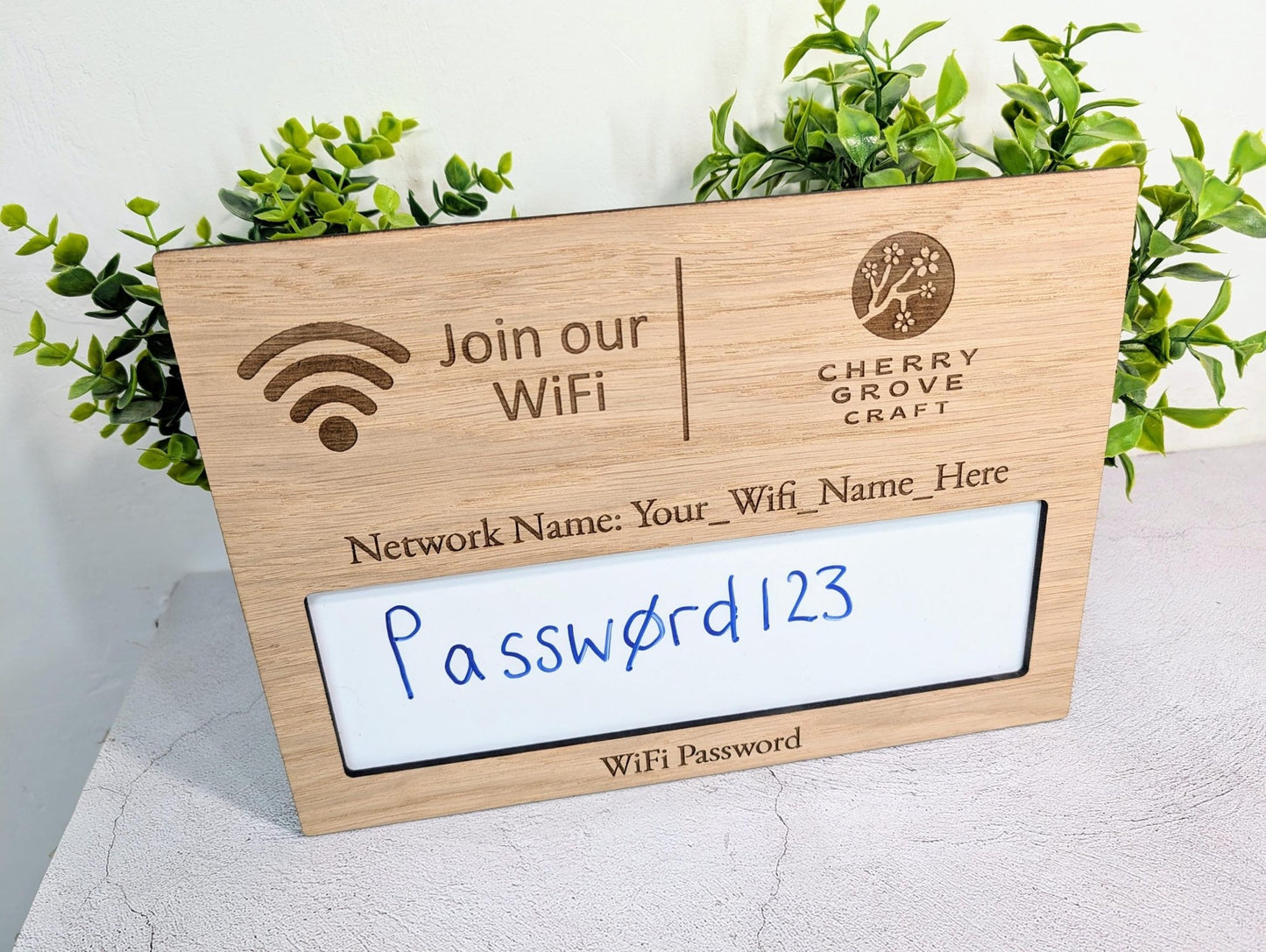 Oak Veneer WiFi Password A4 Sign | Branded Engraved Display - CherryGroveCraft
