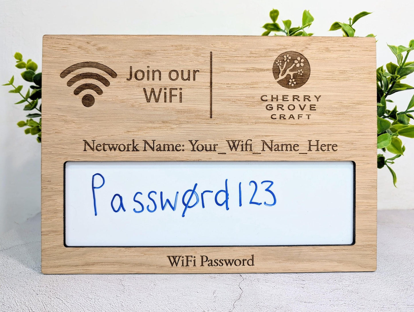 Oak Veneer WiFi Password A4 Sign | Branded Engraved Display - CherryGroveCraft