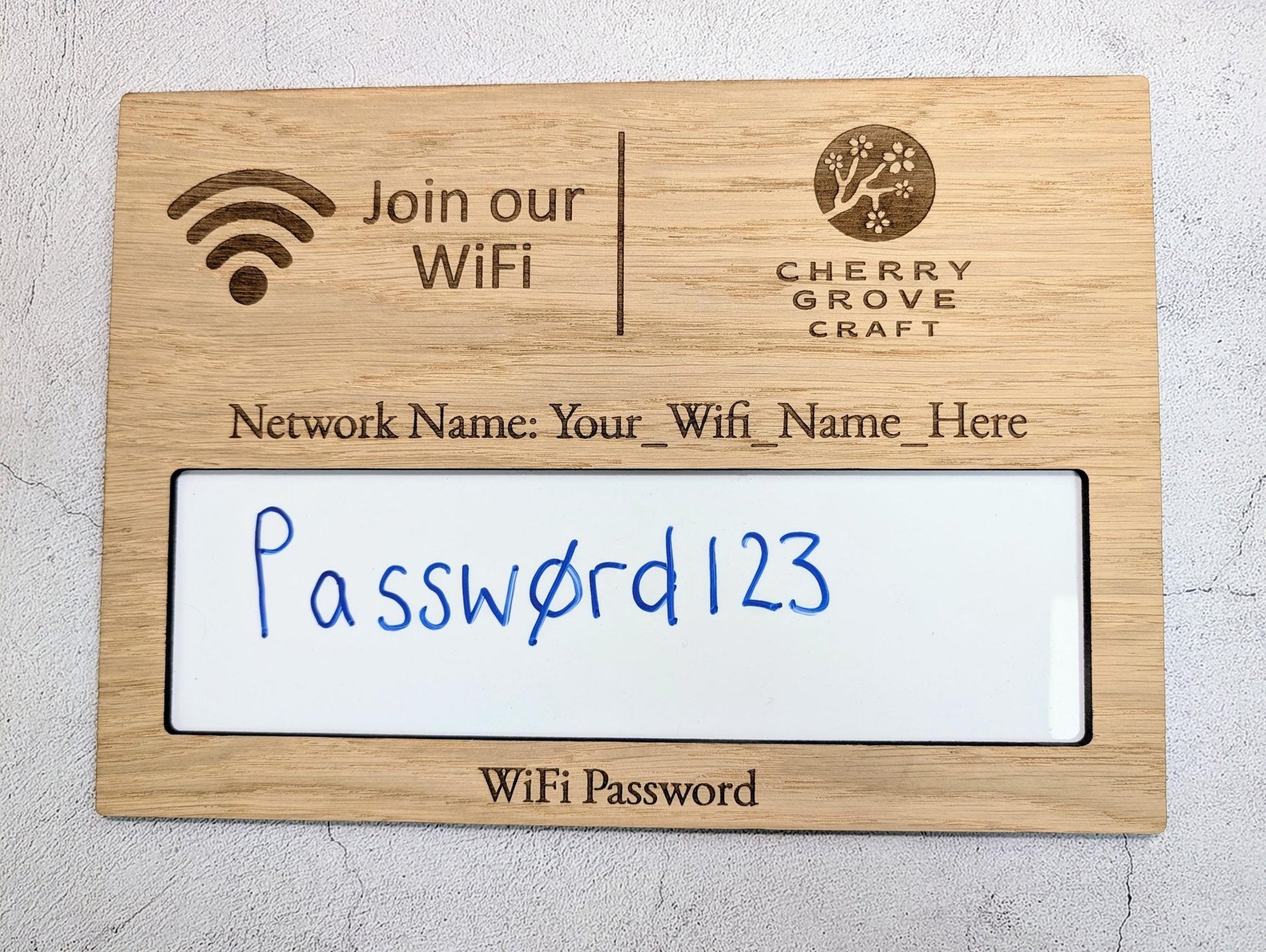 Oak Veneer WiFi Password A4 Sign | Branded Engraved Display - CherryGroveCraft