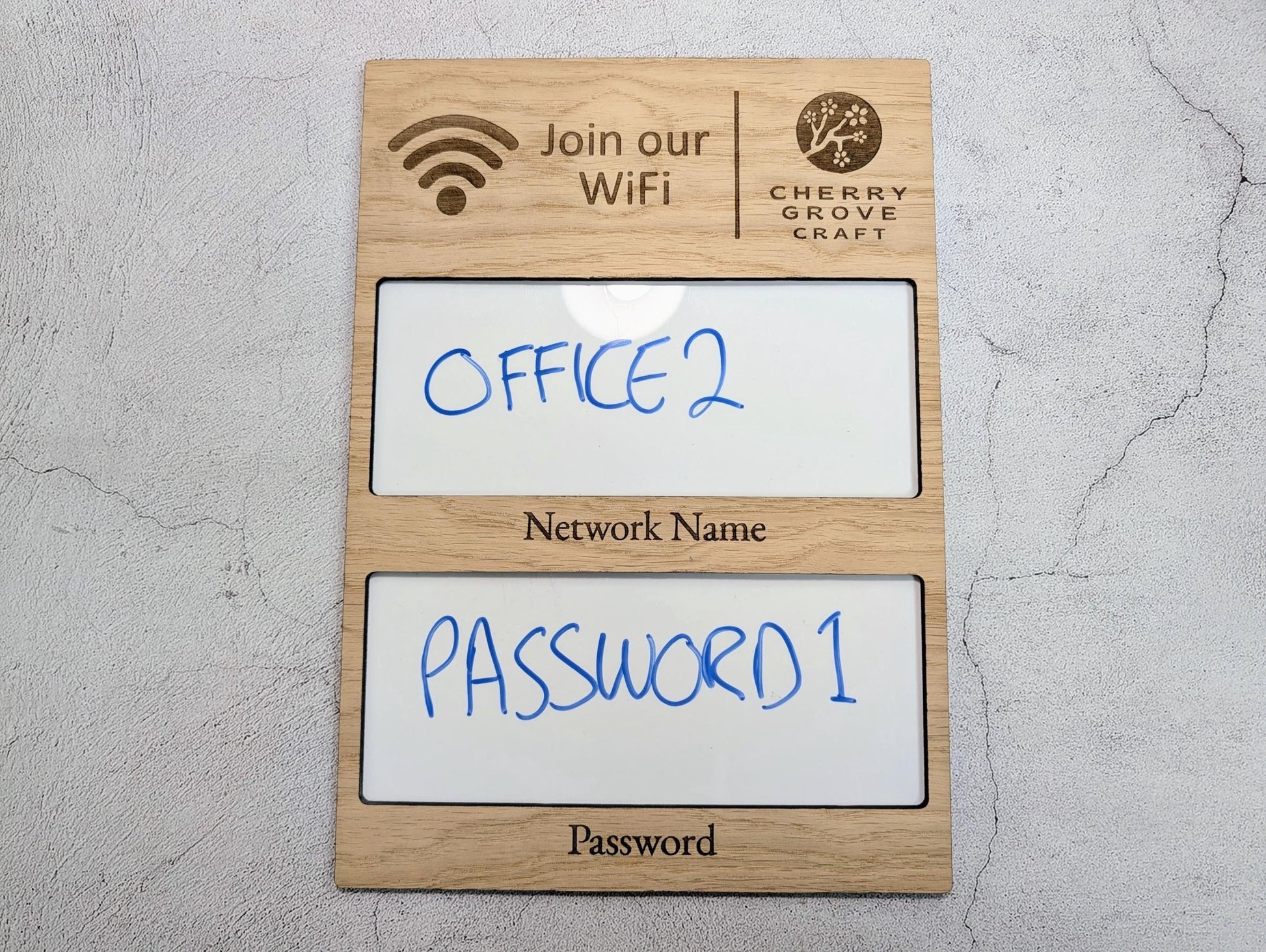 Oak Veneer WiFi Whiteboard Sign A4 Portrait | Reusable Network Name & Password | Wooden Guest WiFi Display for Home Bnb Office - CherryGroveCraft