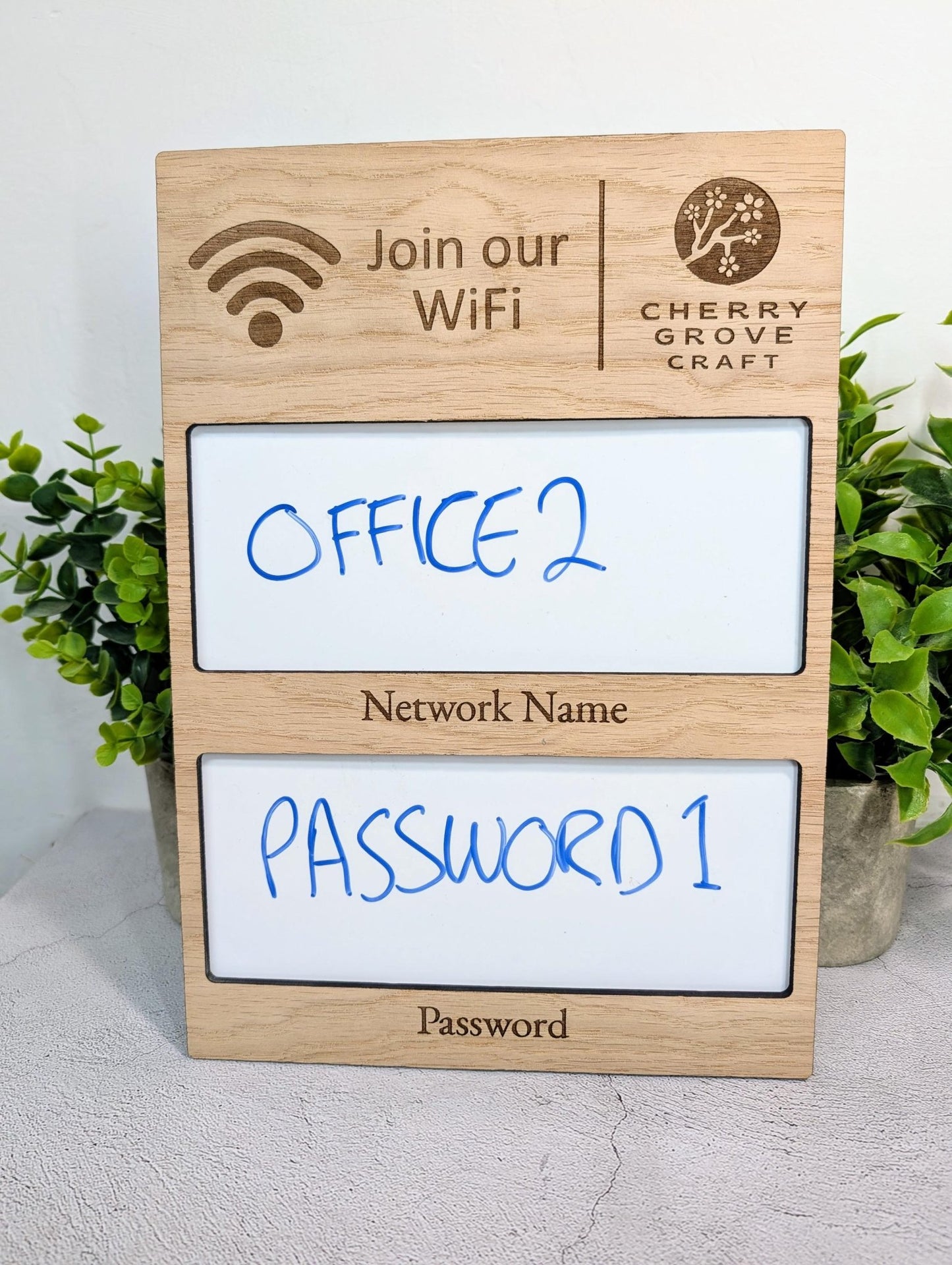 Oak Veneer WiFi Whiteboard Sign A4 Portrait | Reusable Network Name & Password | Wooden Guest WiFi Display for Home Bnb Office - CherryGroveCraft