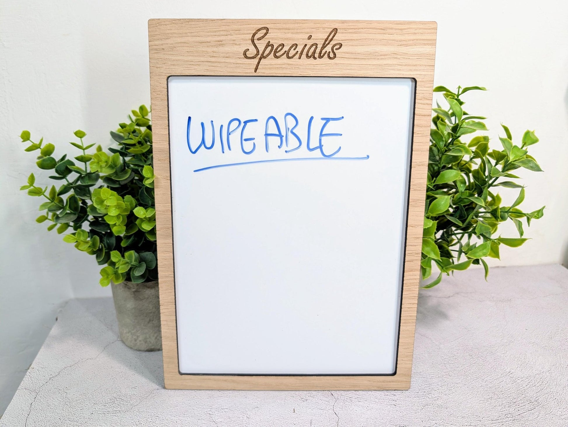 Oak Veneer Wipeable Sign A4 Portrait | Custom Menu Specials Board | Reusable Whiteboard Personalised Sign for Café Shop Office Home - CherryGroveCraft