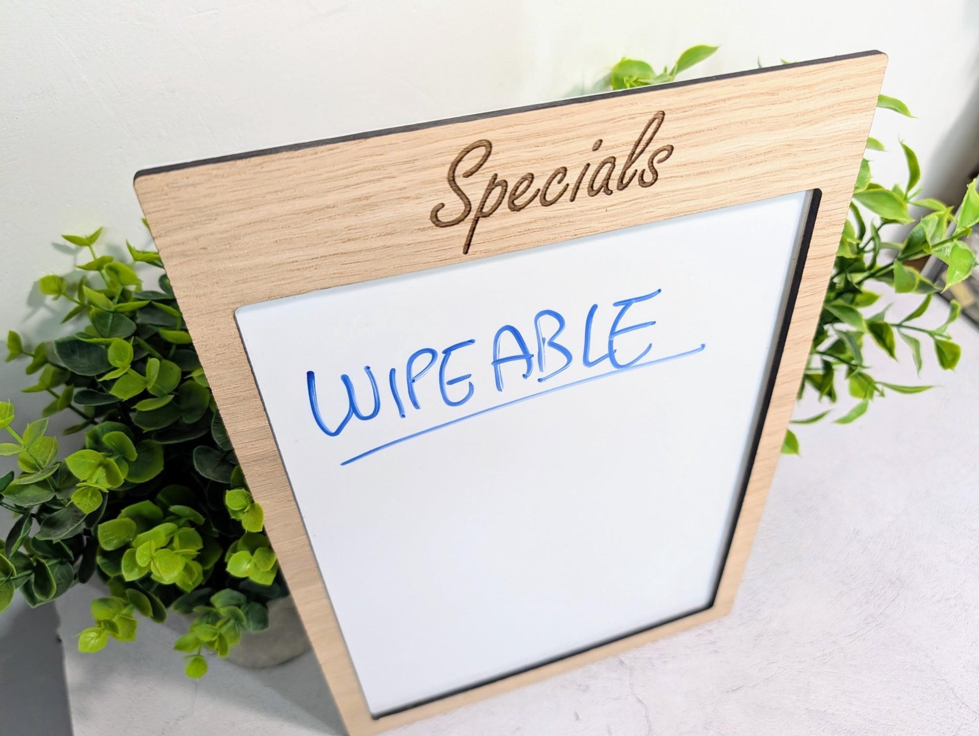Oak Veneer Wipeable Sign A4 Portrait | Custom Menu Specials Board | Reusable Whiteboard Personalised Sign for Café Shop Office Home - CherryGroveCraft