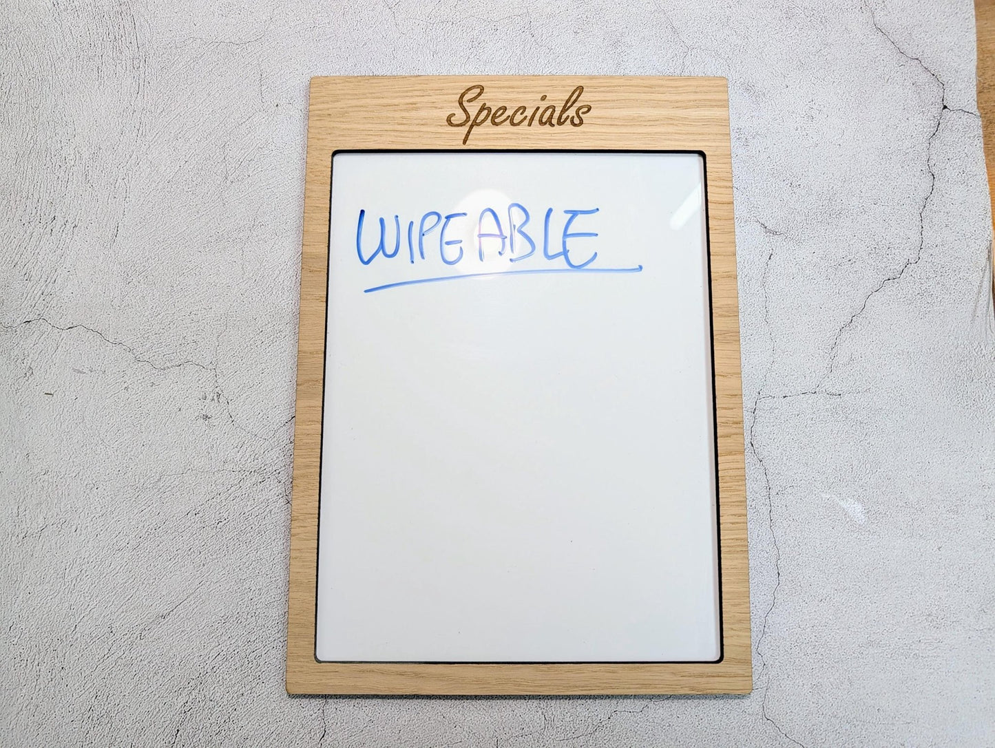 Oak Veneer Wipeable Sign A4 Portrait | Custom Menu Specials Board | Reusable Whiteboard Personalised Sign for Café Shop Office Home - CherryGroveCraft