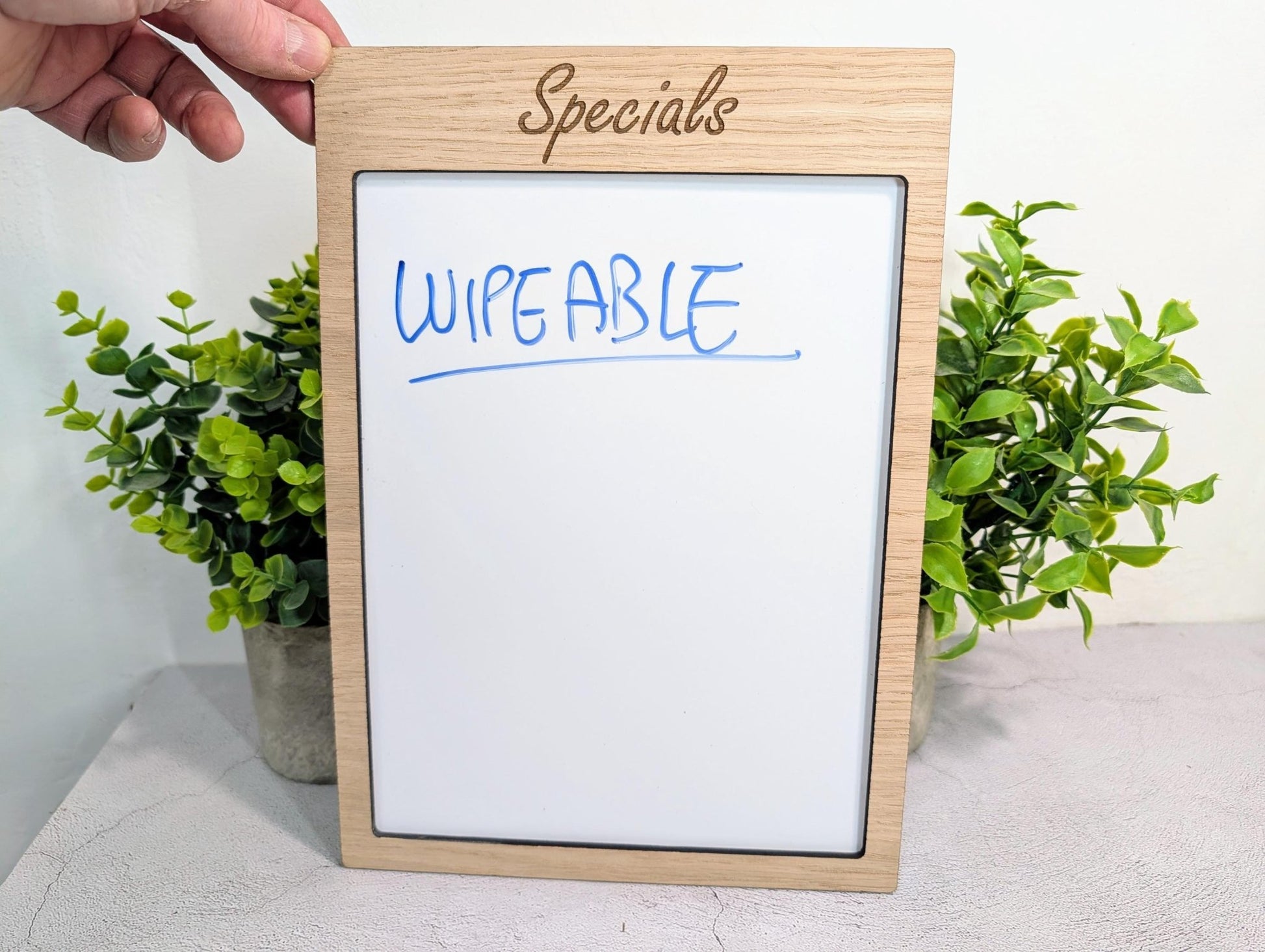 Oak Veneer Wipeable Sign A4 Portrait | Custom Menu Specials Board | Reusable Whiteboard Personalised Sign for Café Shop Office Home - CherryGroveCraft