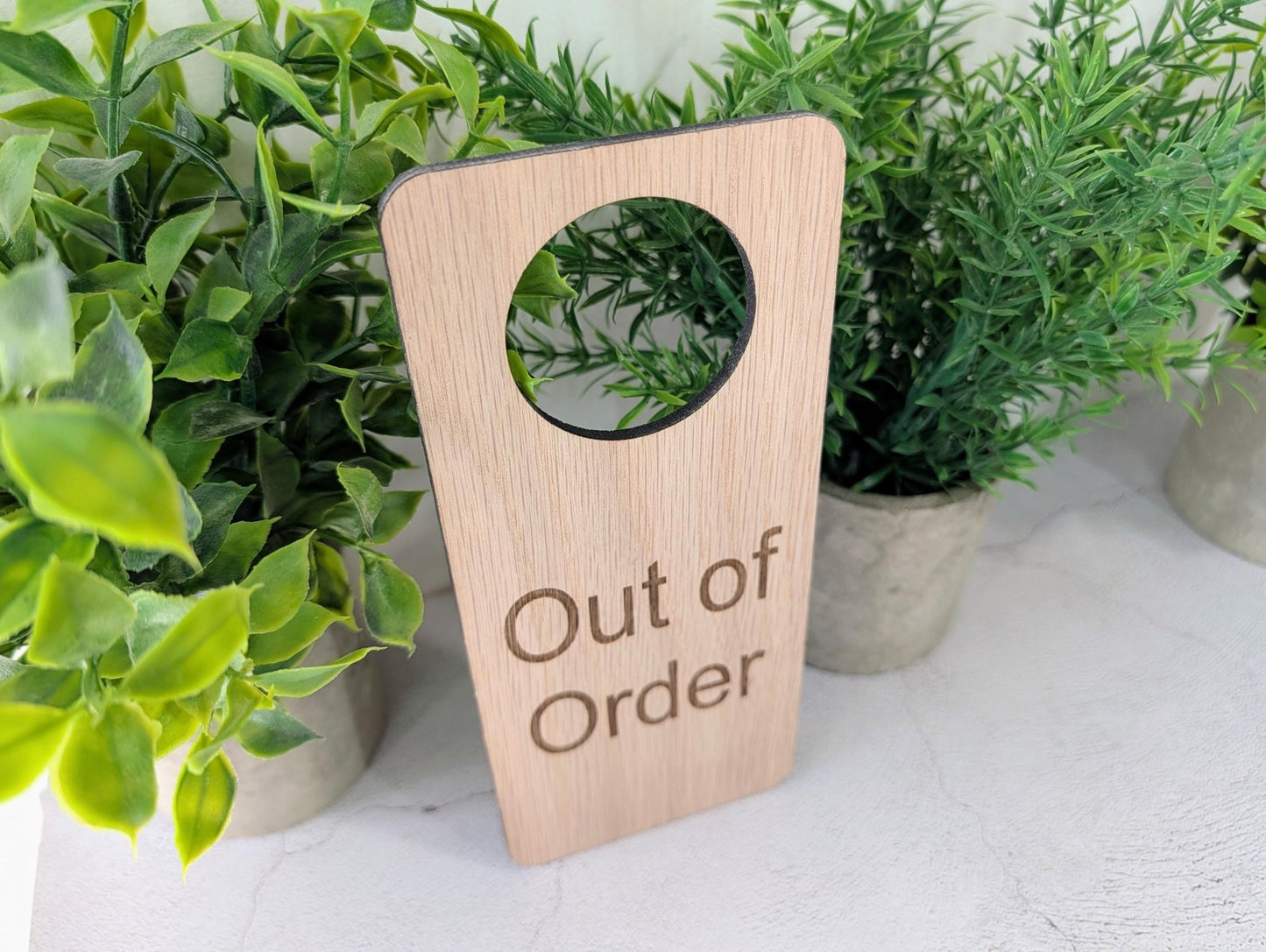 Out of Order Door Hanger – Oak Veneered Sign, Personalised Wooden Door Sign, Handmade in Wales, Plastic - Free Packaging - CherryGroveCraft