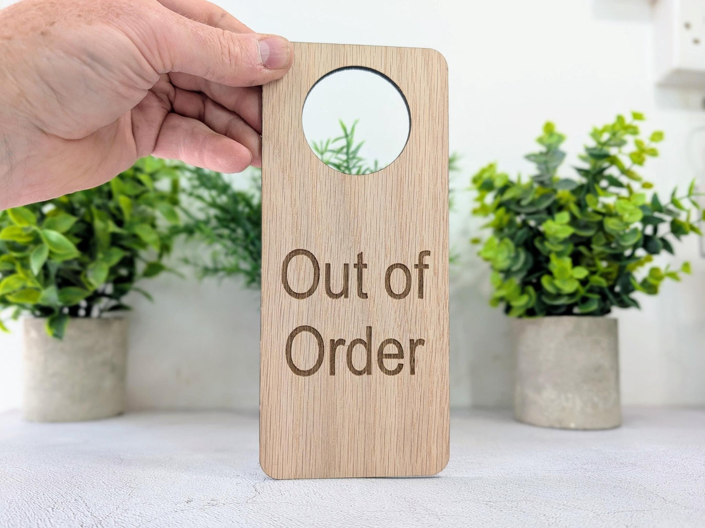 Out of Order Door Hanger – Oak Veneered Sign, Personalised Wooden Door Sign, Handmade in Wales, Plastic - Free Packaging - CherryGroveCraft