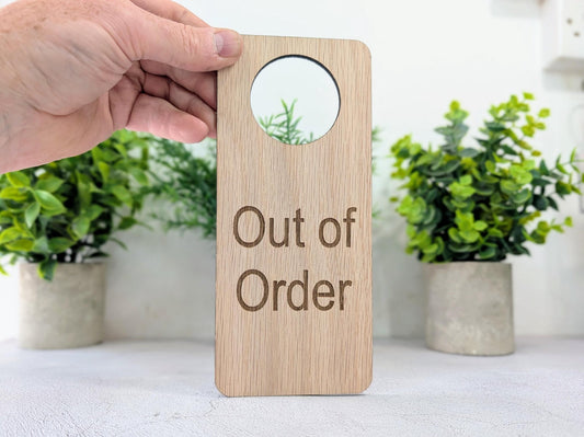 Out of Order Door Hanger – Oak Veneered Sign, Personalised Wooden Door Sign, Handmade in Wales, Plastic - Free Packaging - CherryGroveCraft