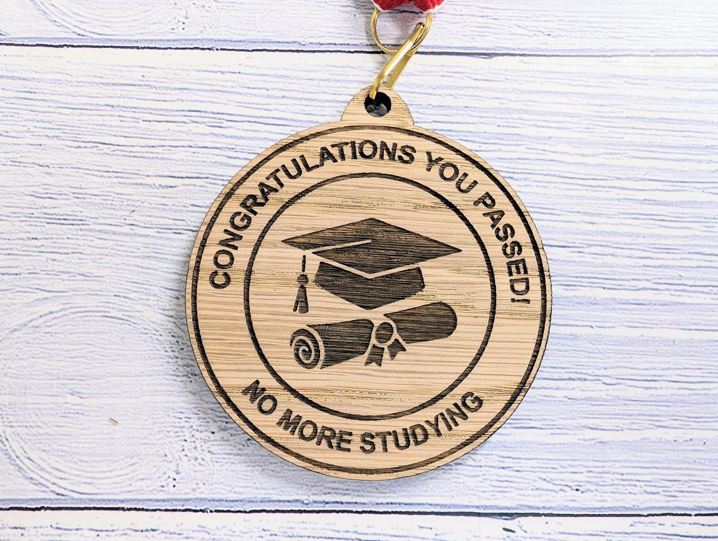 Passed Your Exams - No More Studying Wooden Medal | Graduation Hat & Certificate Design | Personalised Student Gift - CherryGroveCraft