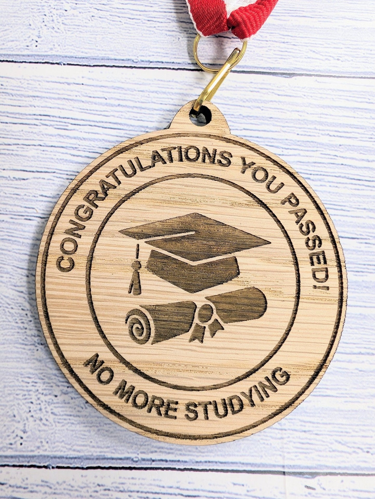 Passed Your Exams - No More Studying Wooden Medal | Graduation Hat & Certificate Design | Personalised Student Gift - CherryGroveCraft