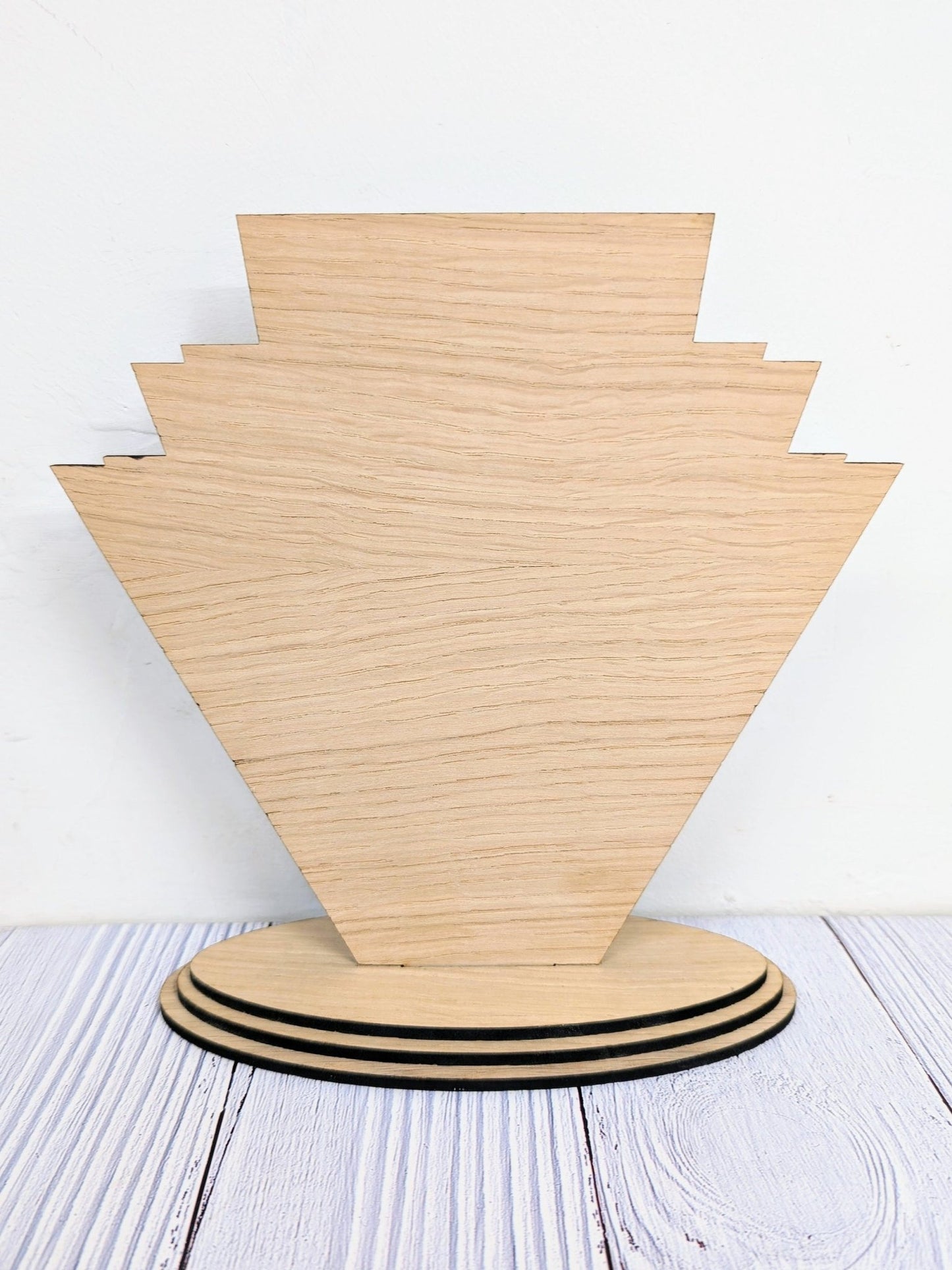Art Deco oak sign flat-pack components — stepped oval base with wood glue sachet