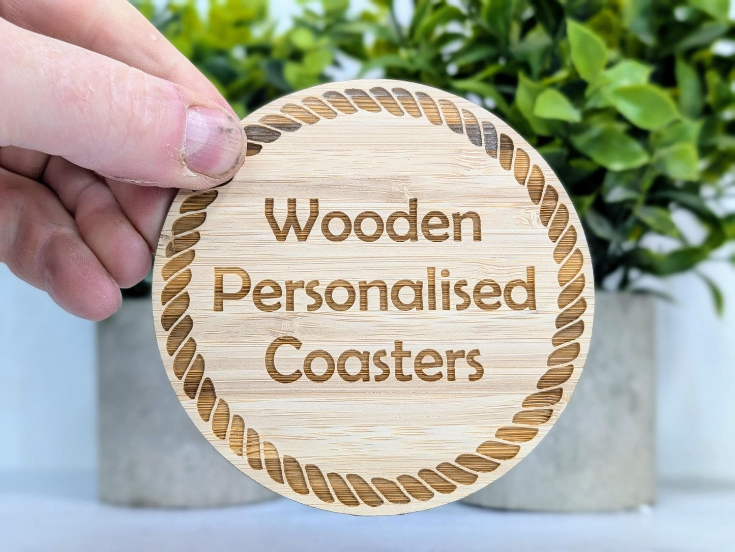 Personalised Bamboo Coasters, Rope Border – Custom Text, Nautical Gift, Eco - Friendly Boat Gift, Sustainable Craft, Round 100mm Diameter - CherryGroveCraft