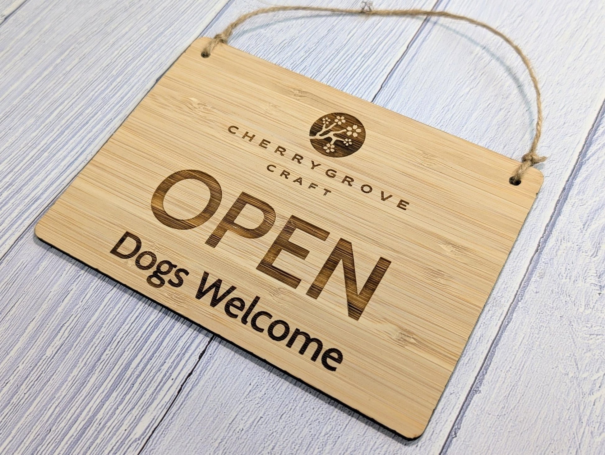 Personalised Bamboo Open and Closed Dog Friendly Sign for Business - Eco 2 Sided Veneered, Wood Signage, Sustainable Shop Door Plaque - CherryGroveCraft