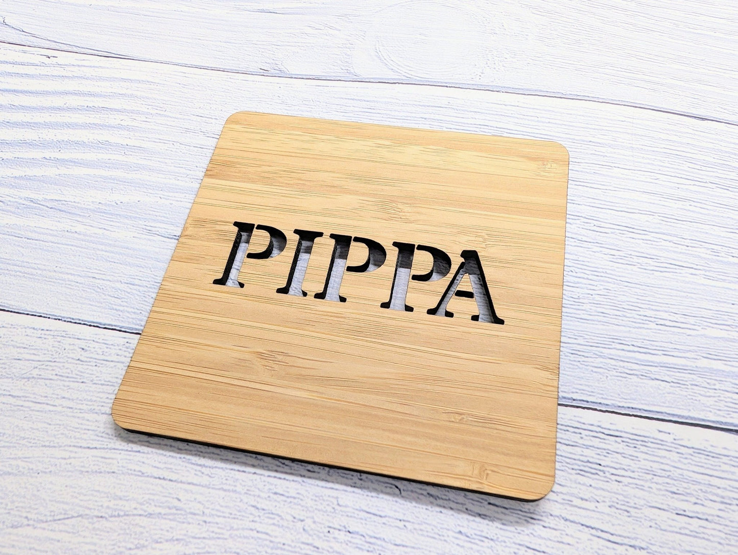 Personalised Bamboo Square Coasters - Custom Name Cut-Out - CherryGroveCraft