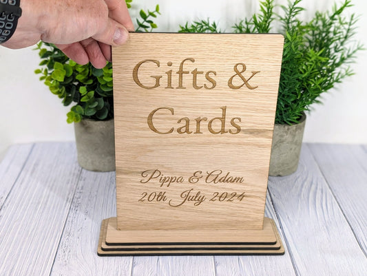Personalised 'Gifts & Cards' XL Wooden Sign for Weddings and Parties - Extra Large Freestanding Table Display with Couple's Name and Date - CherryGroveCraft