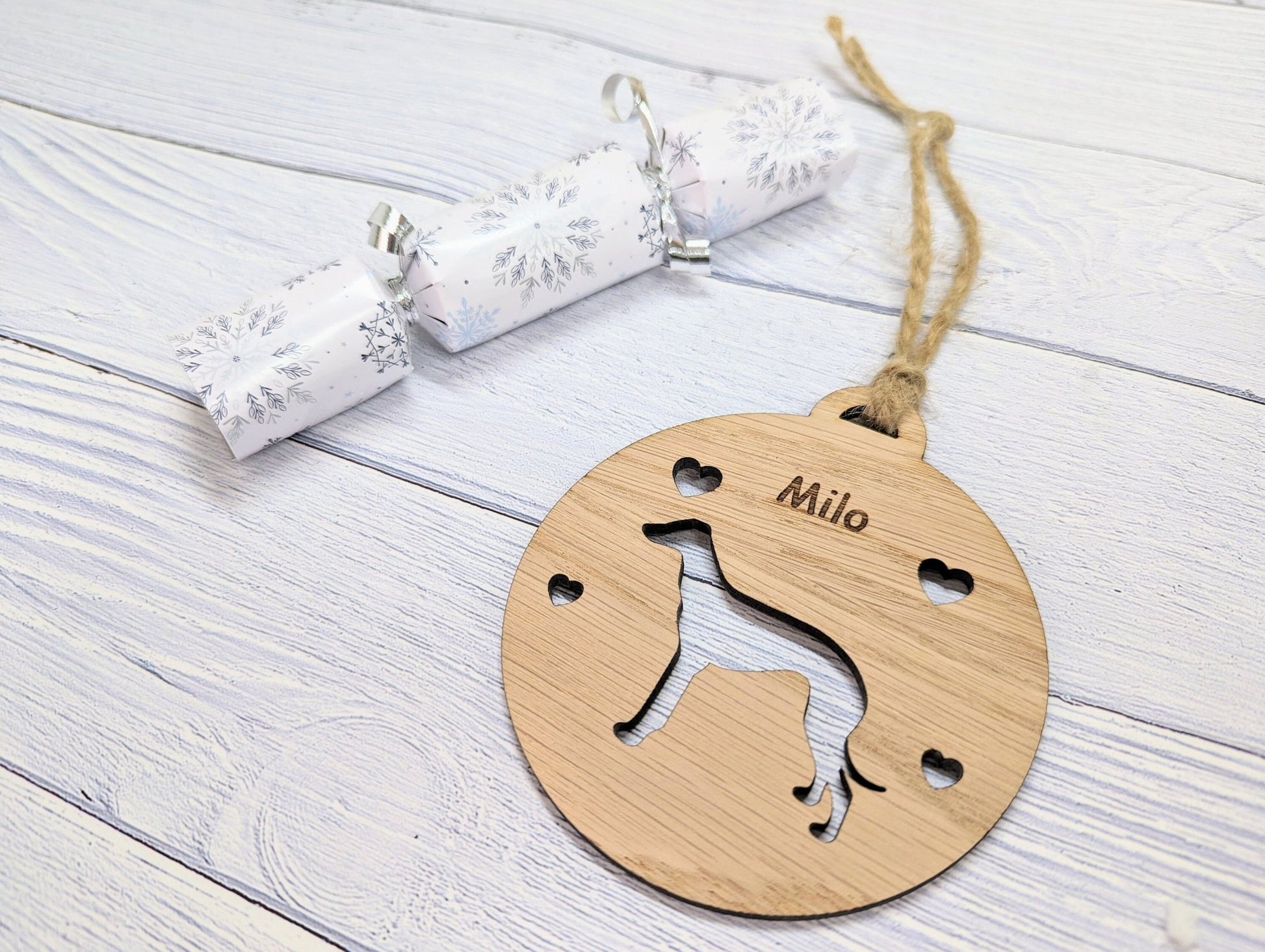 Greyhound bauble hearts cut-out style — personalised name engraved on oak
