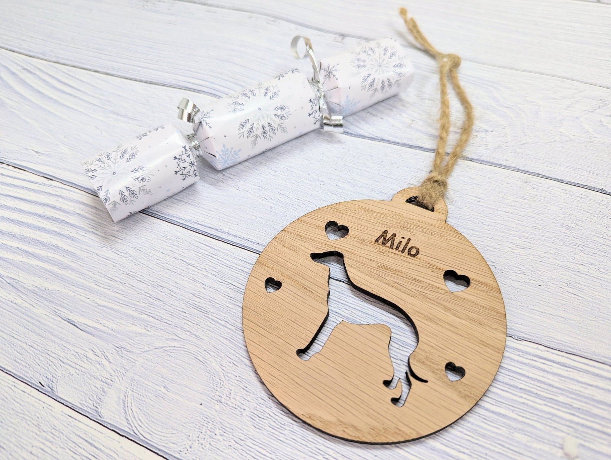 Personalised Greyhound Christmas Bauble in Oak Veneer MDF - Rustic Jute String - Stars or Hearts Cut - Out - Greyhound Gift - CherryGroveCraft