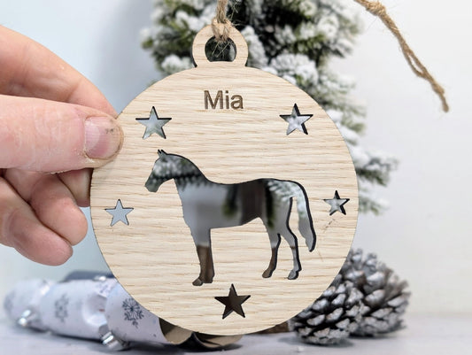 Personalised Horse Bauble - Custom Wooden Gift for Pony Lovers | Equine Christmas Bauble | Oak Veneered Xmas Decoration - CherryGroveCraft