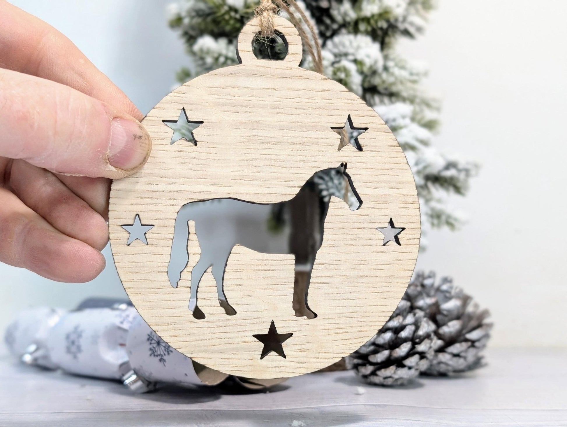 Personalised Horse Bauble - Custom Wooden Gift for Pony Lovers | Equine Christmas Bauble | Oak Veneered Xmas Decoration - CherryGroveCraft