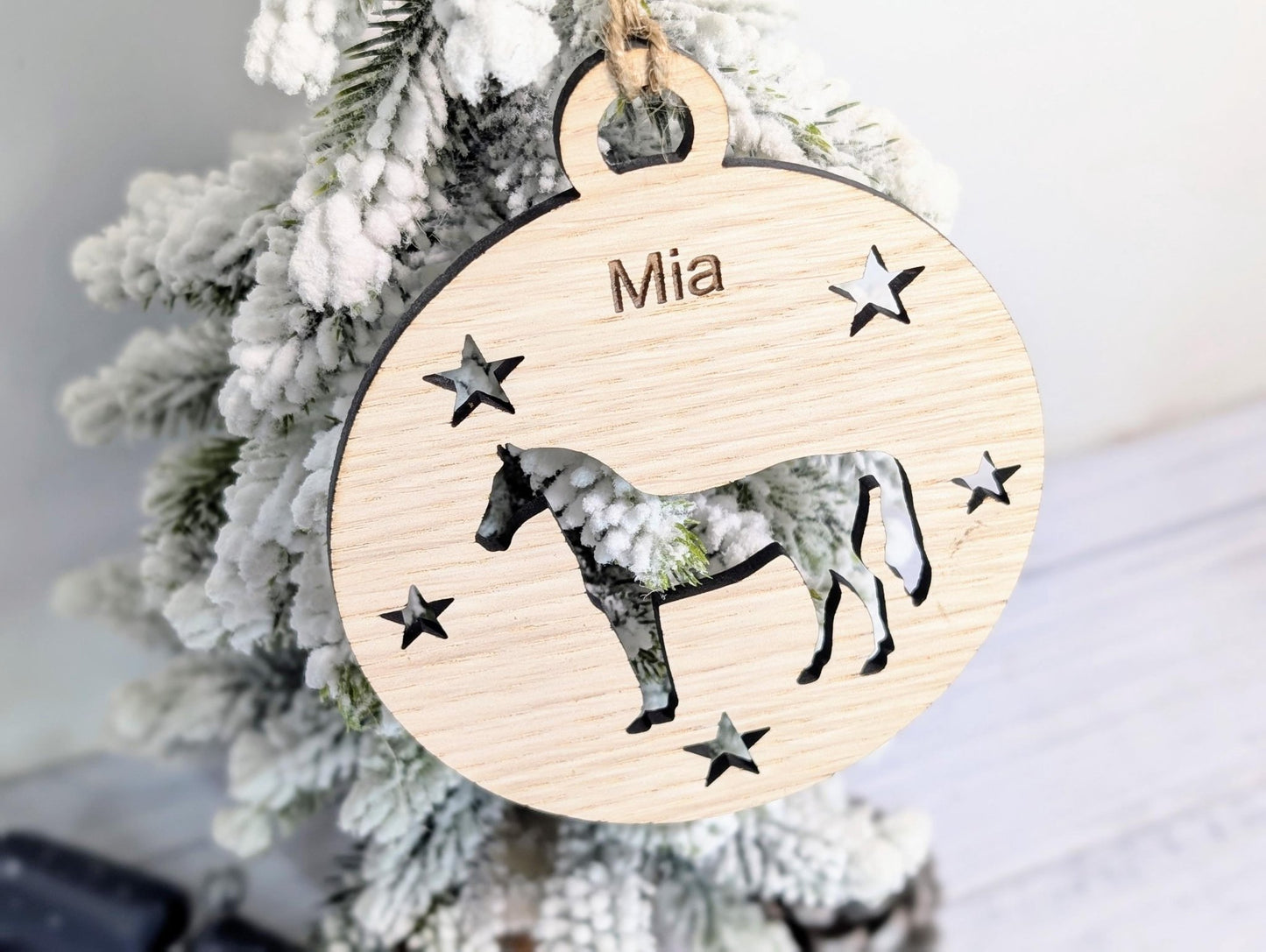 Personalised Horse Bauble - Custom Wooden Gift for Pony Lovers | Equine Christmas Bauble | Oak Veneered Xmas Decoration - CherryGroveCraft