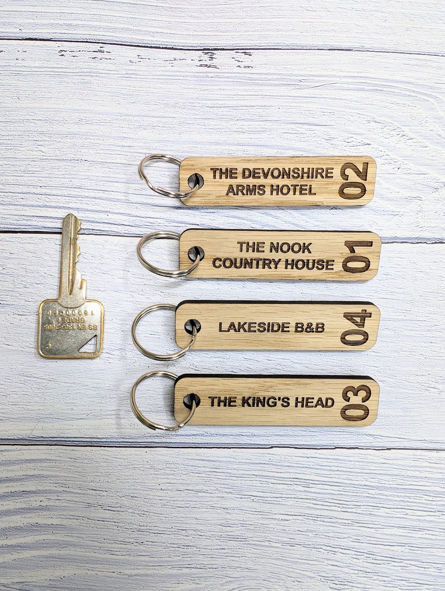 Personalised Hotel Room Number Keyrings with Hotel Name - High - Quality Oak Veneered MDF - Ideal for Hotels, B&Bs, and Guest Houses - CherryGroveCraft