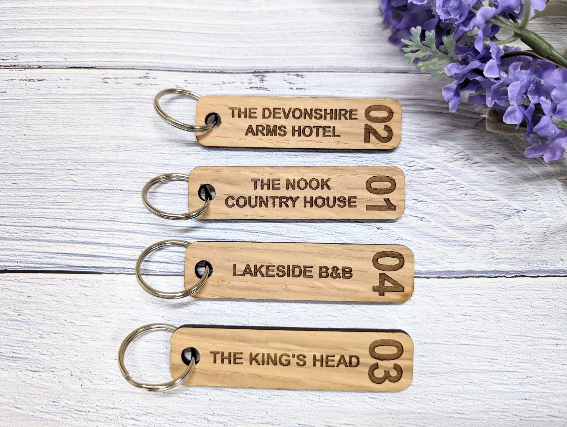 Personalised Hotel Room Number Keyrings with Hotel Name - High - Quality Oak Veneered MDF - Ideal for Hotels, B&Bs, and Guest Houses - CherryGroveCraft