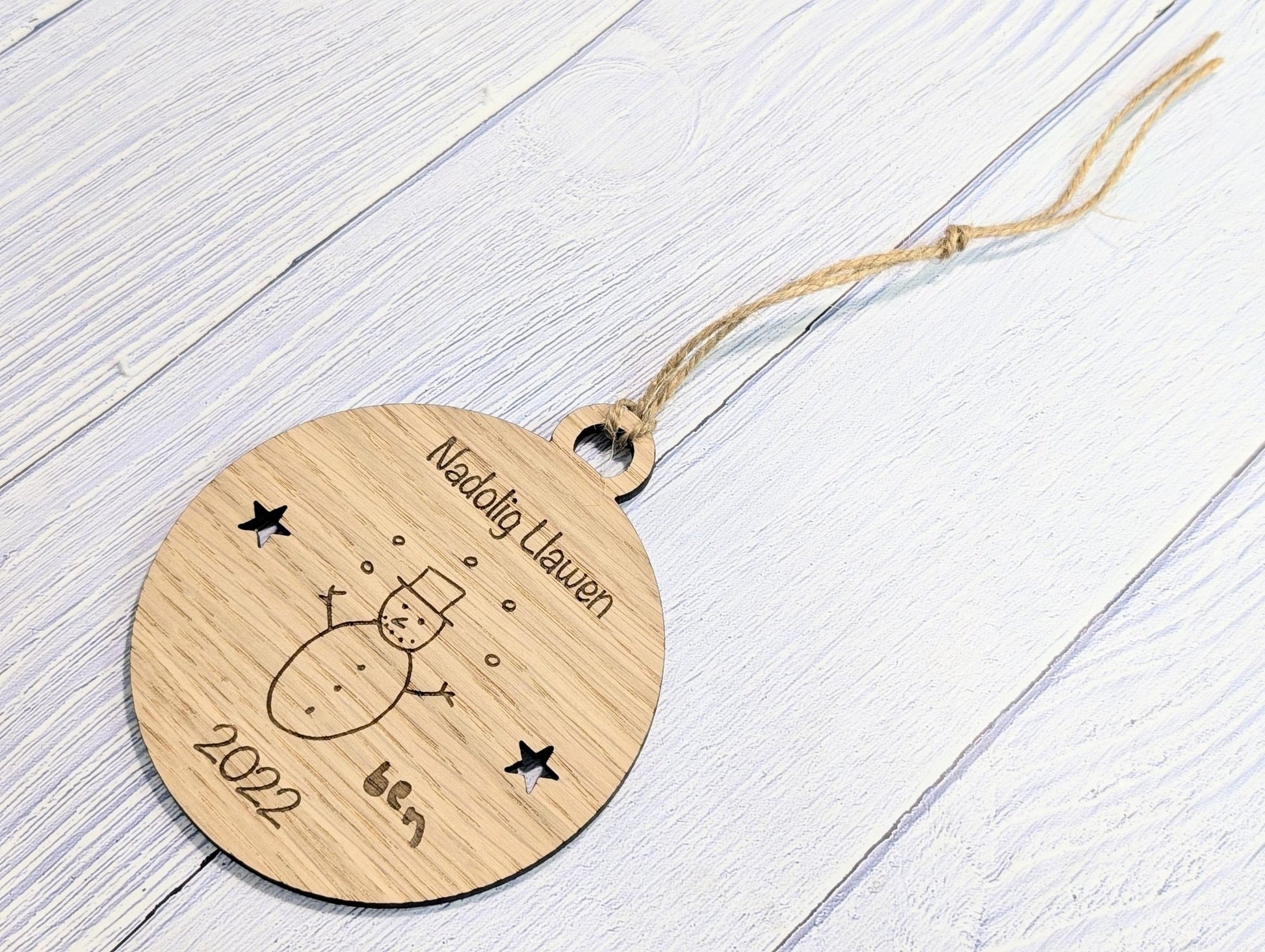 Personalised "Nadolig Llawen" Bauble - Design Your Own Bauble - Send Your Drawing, Welsh Custom Christmas Decoration in Oak Veneer - Xmas - CherryGroveCraft