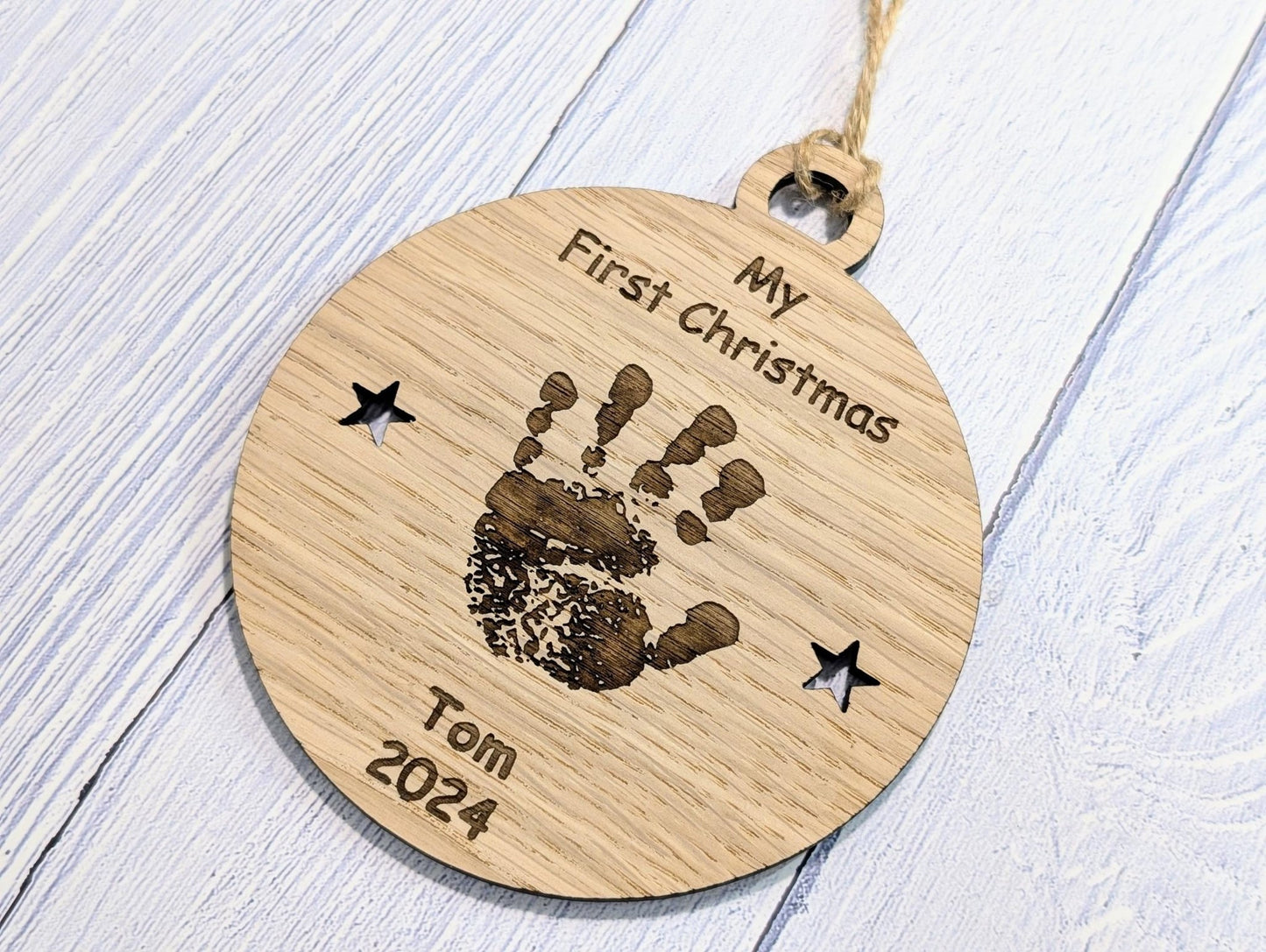 Personalised Oak Baby Handprint Bauble - Baby’s First Christmas Ornament - Custom Baby Keepsake New Parents - Oak Wood Christmas Decoration - CherryGroveCraft