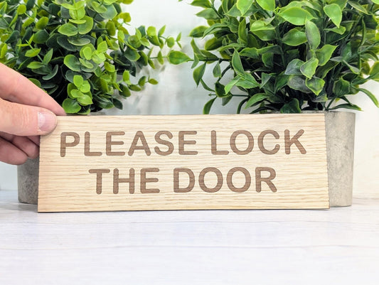 Personalised Oak Door Sign – Please Lock The Door or Custom Text | Wooden Plaque for Bathroom, Office or Shed | 4 Sizes – Eco Gift - CherryGroveCraft