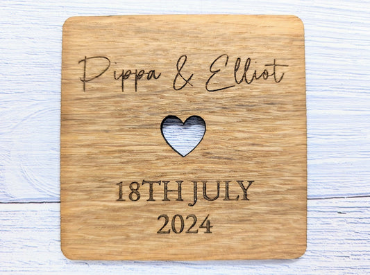 Personalised Oak Veneered Wedding Coasters - Customisable with Names, Date & Heart Design, 90mm x 90mm, Unique Wooden Wedding Favours - CherryGroveCraft
