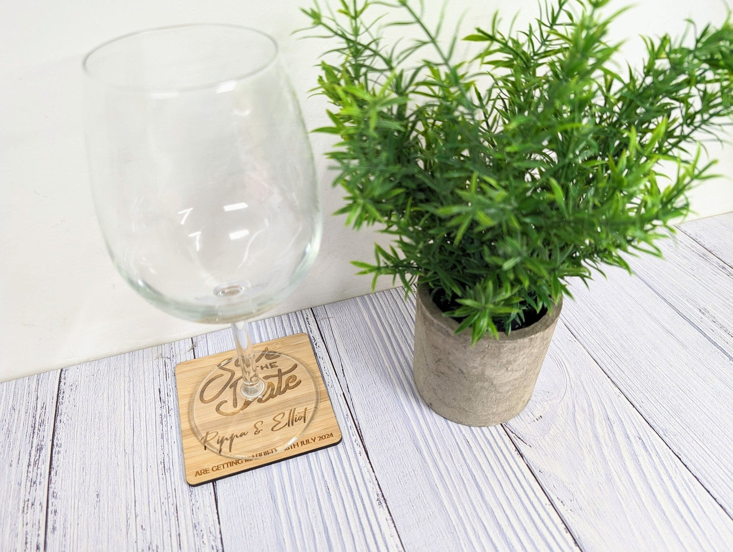 Bold script save the date bamboo coasters — side view showing thickness, 90mm