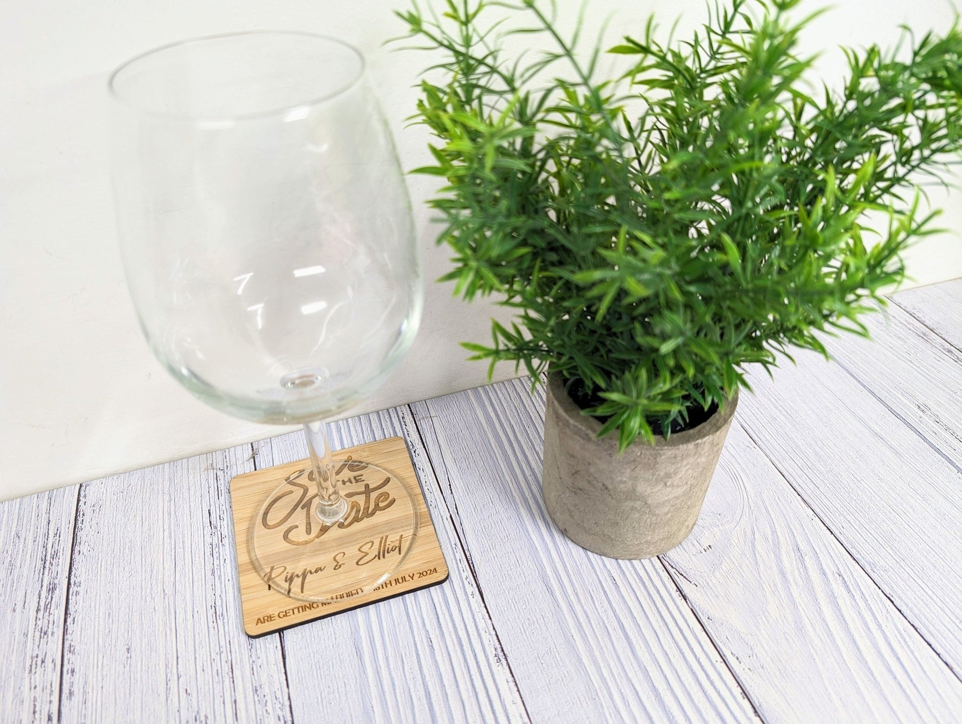 Personalised 'Save The Date' Bamboo Coasters - Custom with Names & Date, 90mm x 90mm, Unique Wedding Favors - CherryGroveCraft