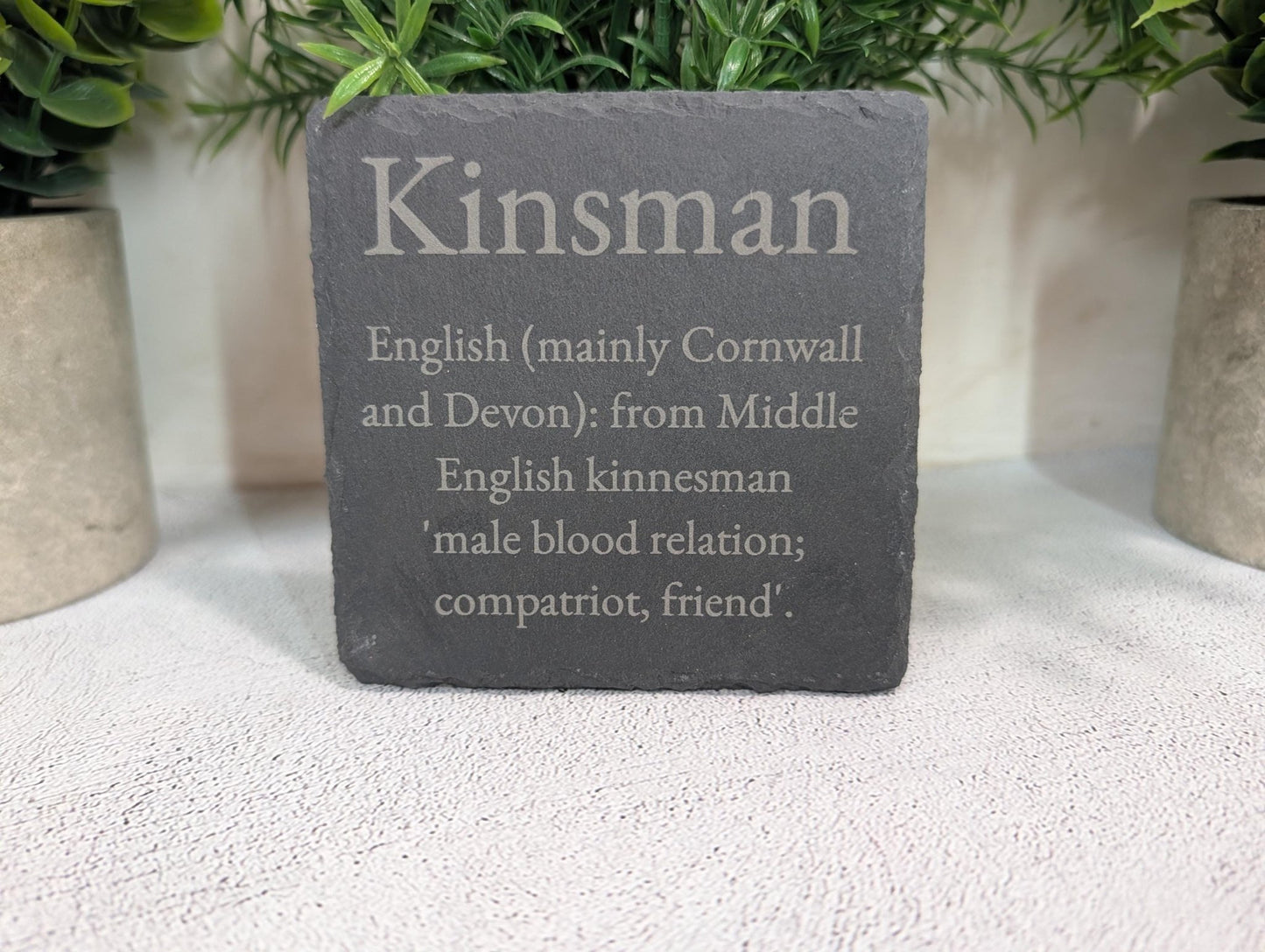 Personalised surname slate coaster — approx 100x100mm with foam feet on base