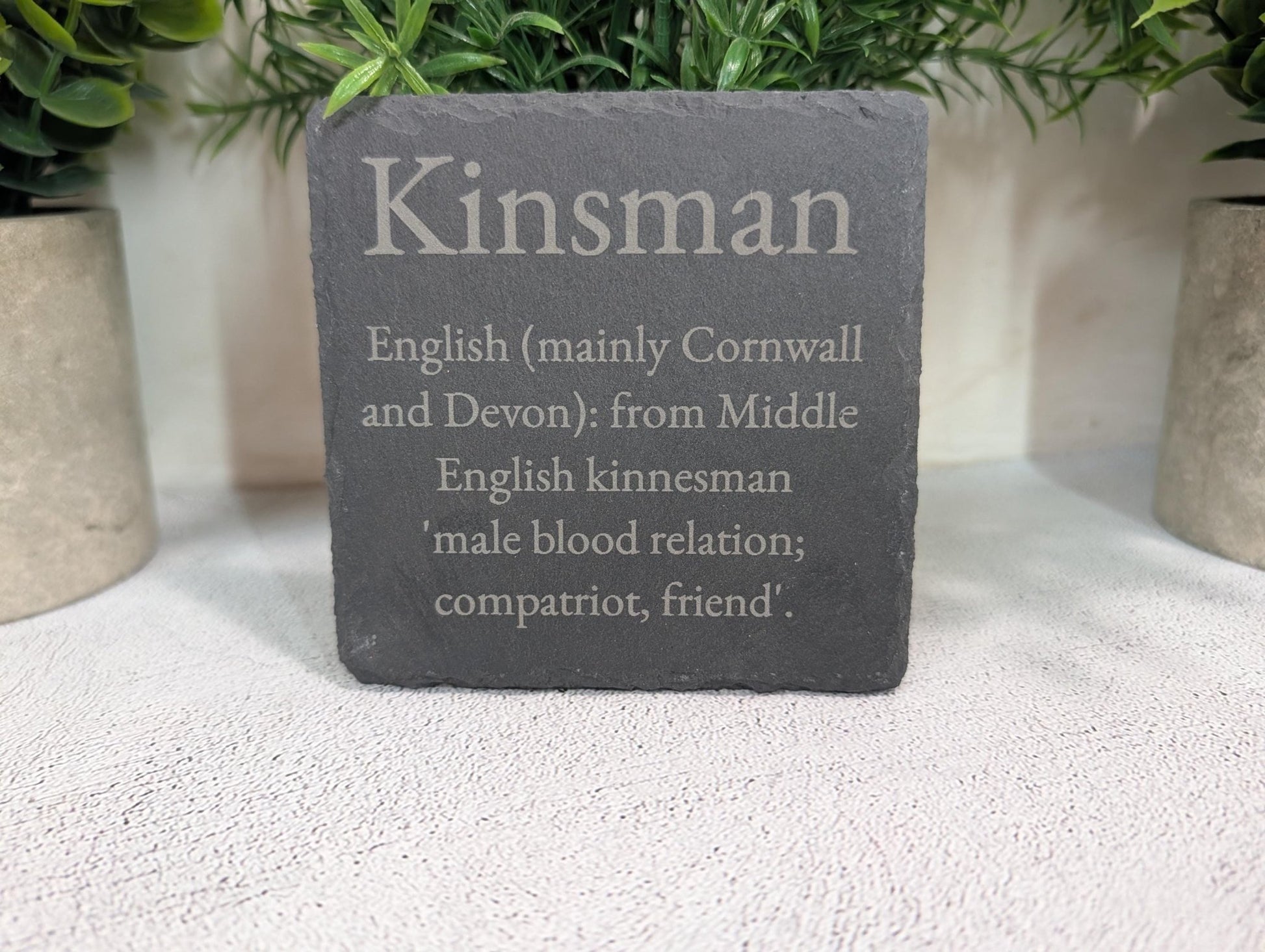 Personalised surname slate coaster — approx 100x100mm with foam feet on base