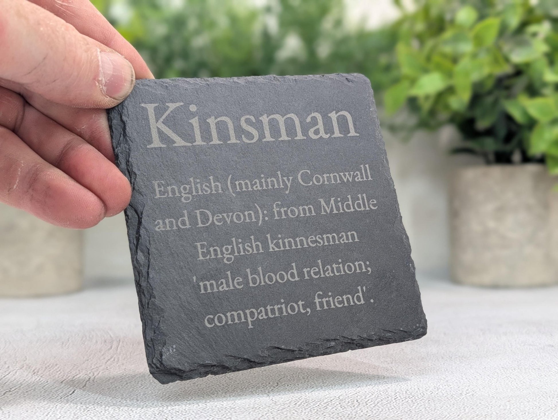 Personalised surname coaster — natural slate engraved with family name origin and meaning