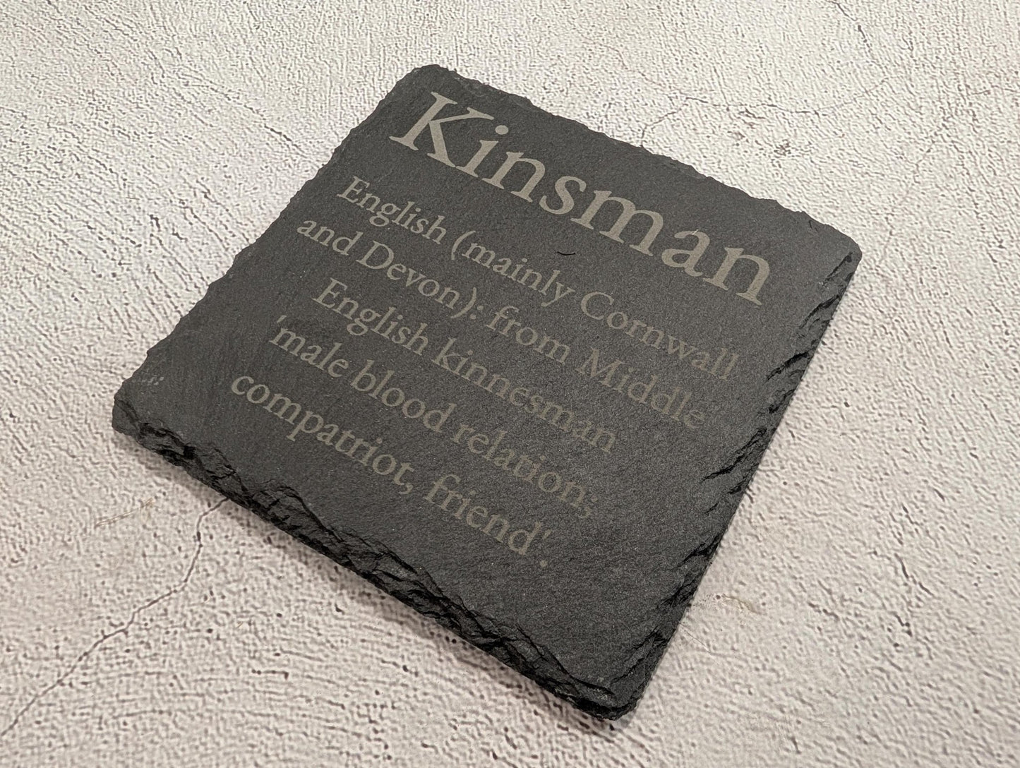 Surname meaning coaster as housewarming gift — slate engraved with name and origin