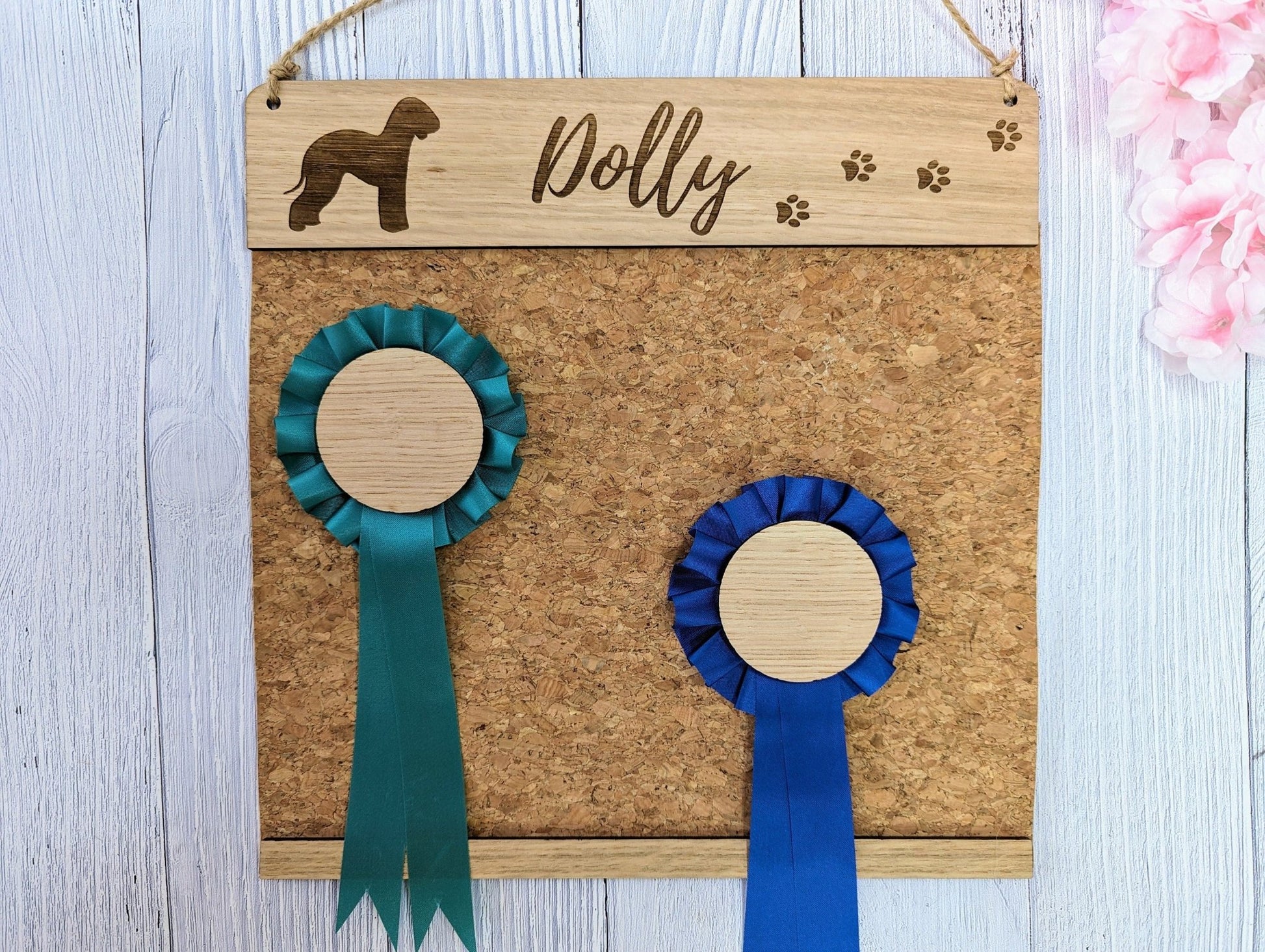 Personalised Wooden Bedlington Terrier Rosette Holder | Unique Display for Dog Show Awards | Custom Name Engraving | Perfect Gift - CherryGroveCraft