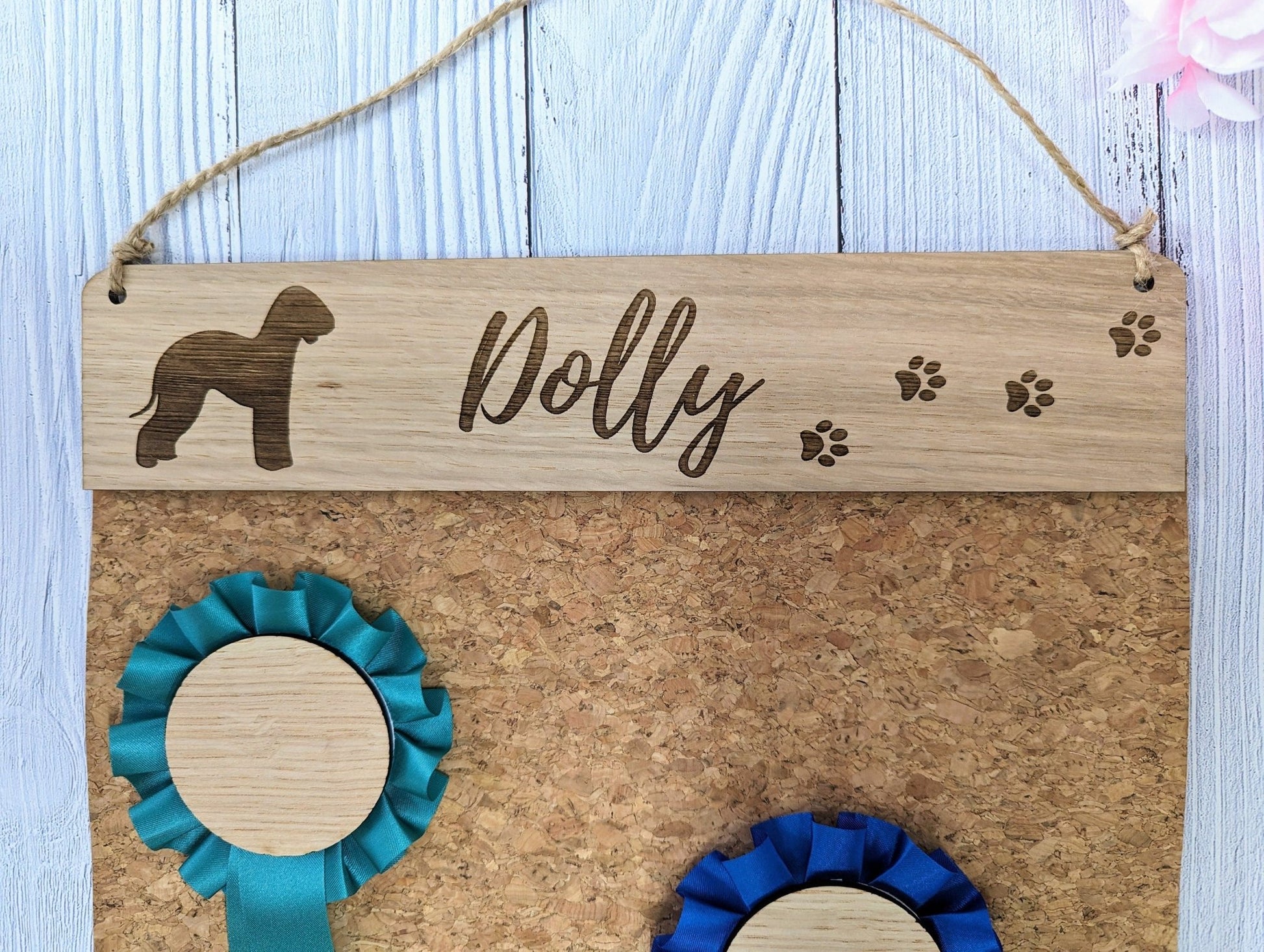 Personalised Wooden Bedlington Terrier Rosette Holder | Unique Display for Dog Show Awards | Custom Name Engraving | Perfect Gift - CherryGroveCraft