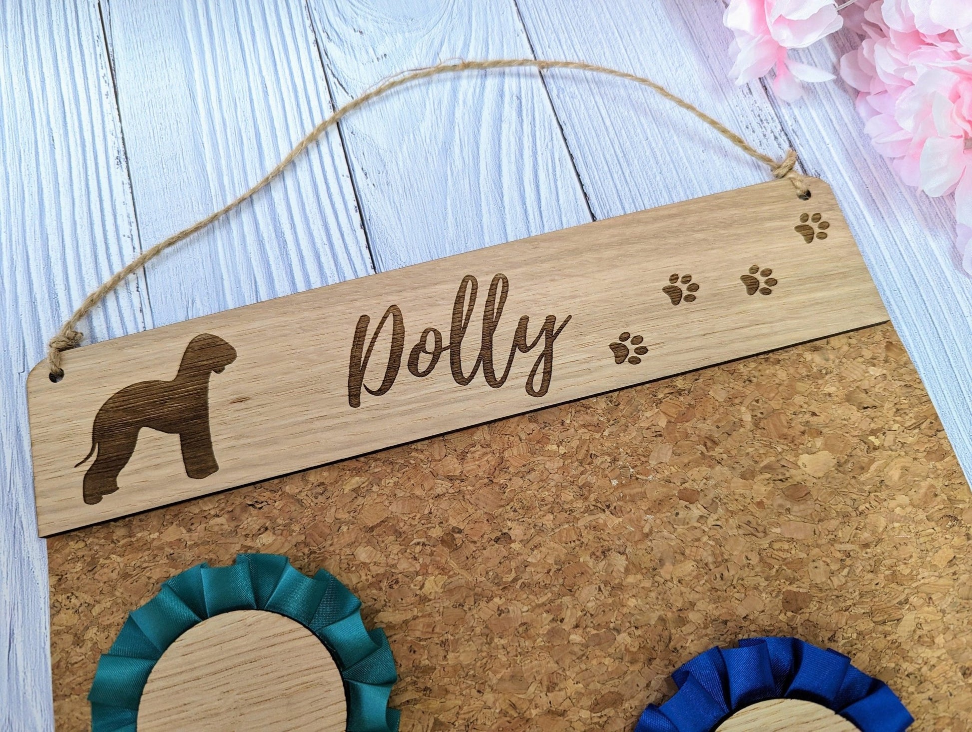 Personalised Wooden Bedlington Terrier Rosette Holder | Unique Display for Dog Show Awards | Custom Name Engraving | Perfect Gift - CherryGroveCraft