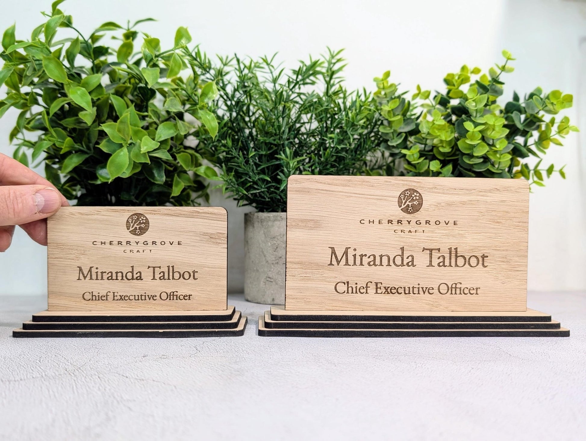 Personalised Wooden Desk Name Plate with Logo – Custom Name & Job Title Sign | Oak Veneer, Professional Office Gift, Handmade in Wales - CherryGroveCraft